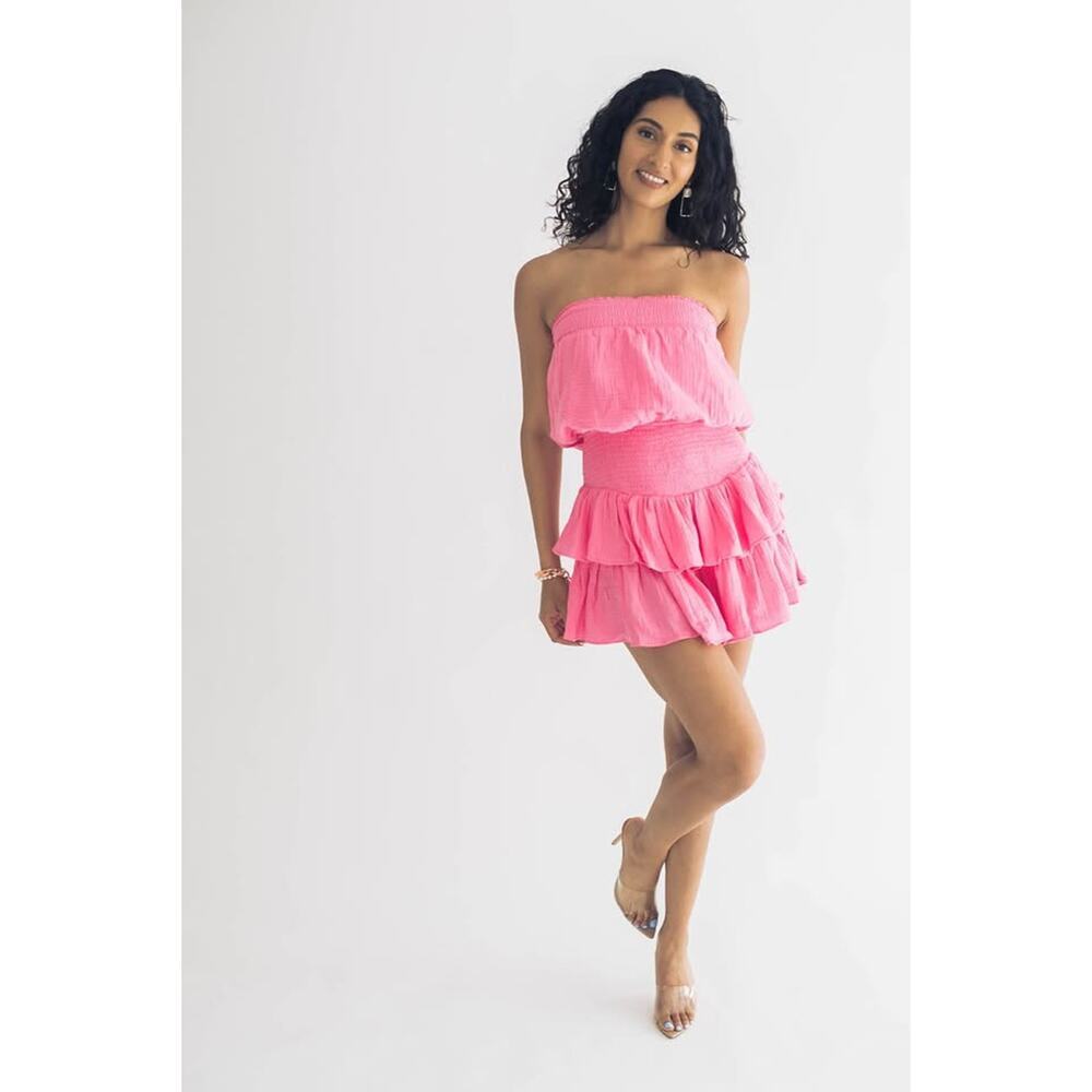 Shop Neighbor Women’s Medium Pink Gauze Smocked Skort Strapless Dress